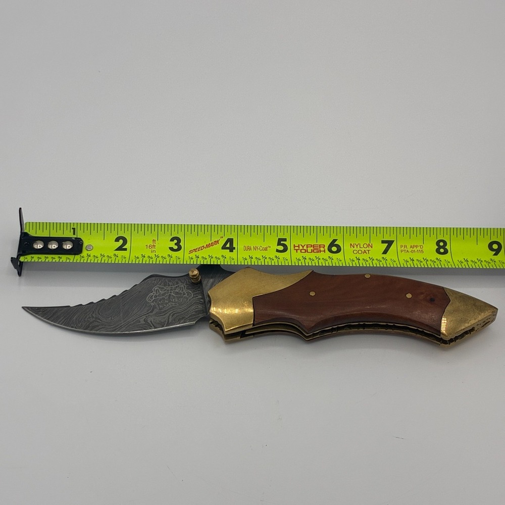 Black Mamba Knives BMK439 Damascus Folding Knife Wood Brass Handle USA